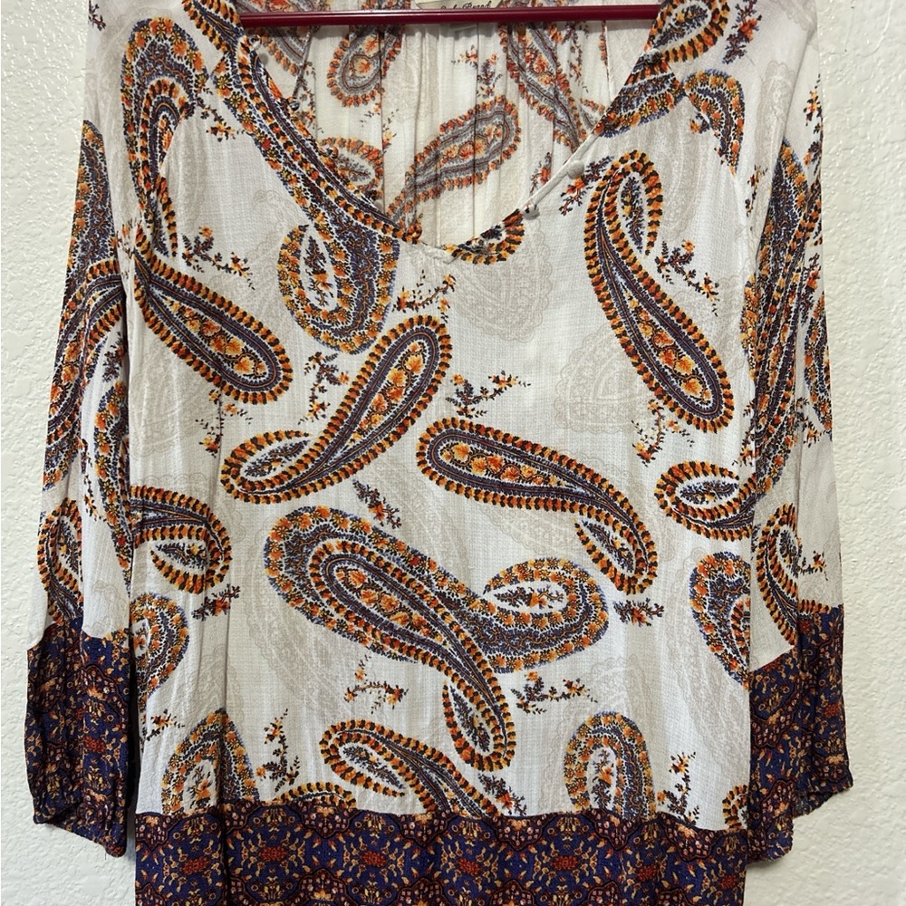 Lucky Brand Brown Cream Wrap Blouse 3/4 Sleeve